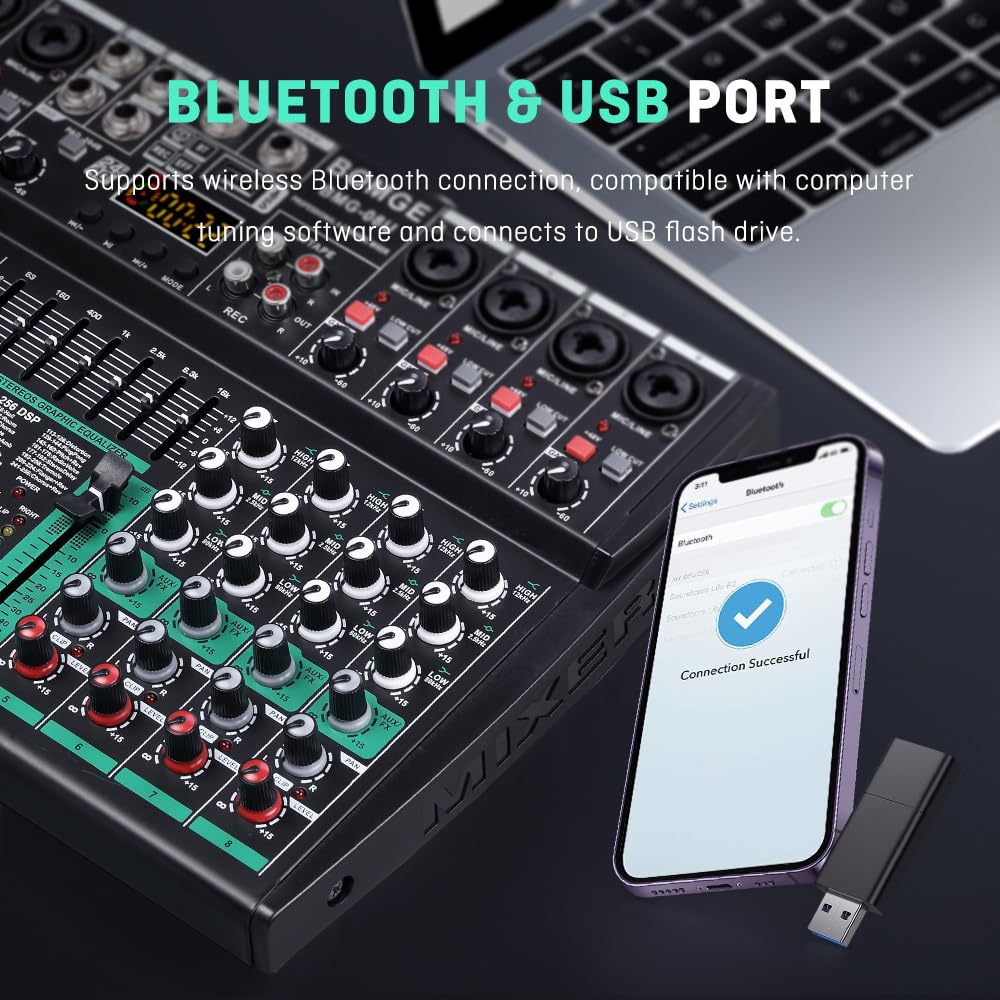 BOMGE Professional Audio Mixer Soundboard Console Desk System Interface with Computer 48V Phantom Stereo DJ Studio DSP for Professionals and Beginners