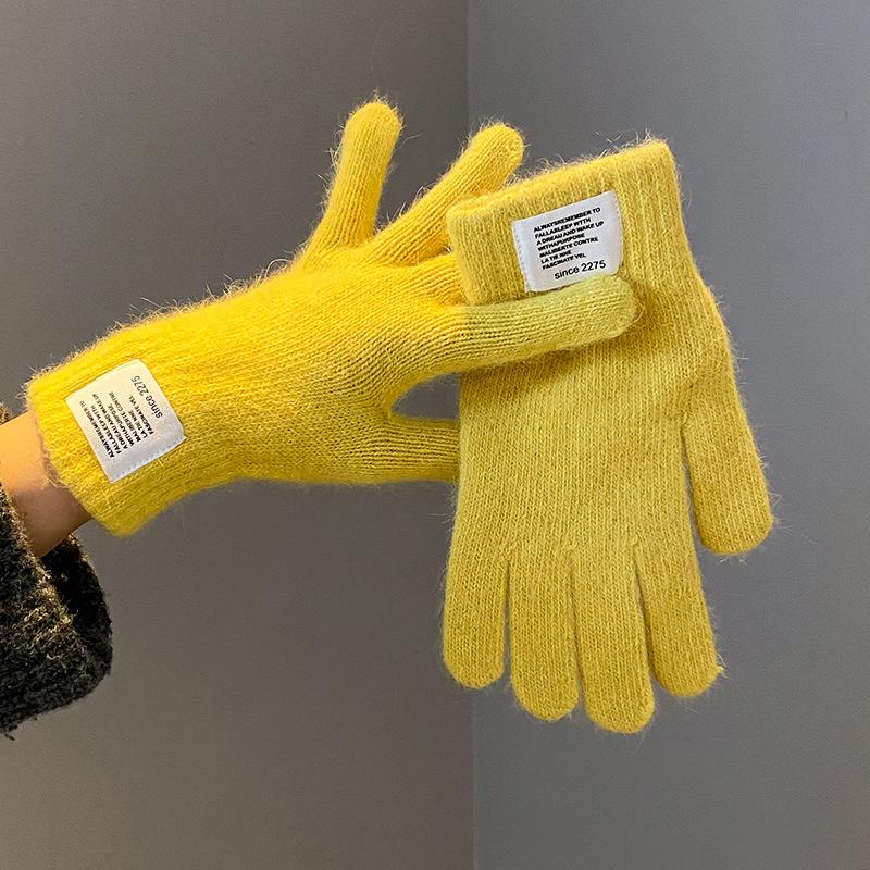 Women Gloves Knitted Solid Autumn Winter Hand Warm Thicken Short Wrist Female Full Fingered Mittens Winter Riding Skiing Mittens