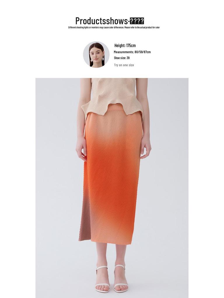 2025 Gradient A-Line Midi Skirt: High-Waisted, Fish Scale Print, Pleated Design