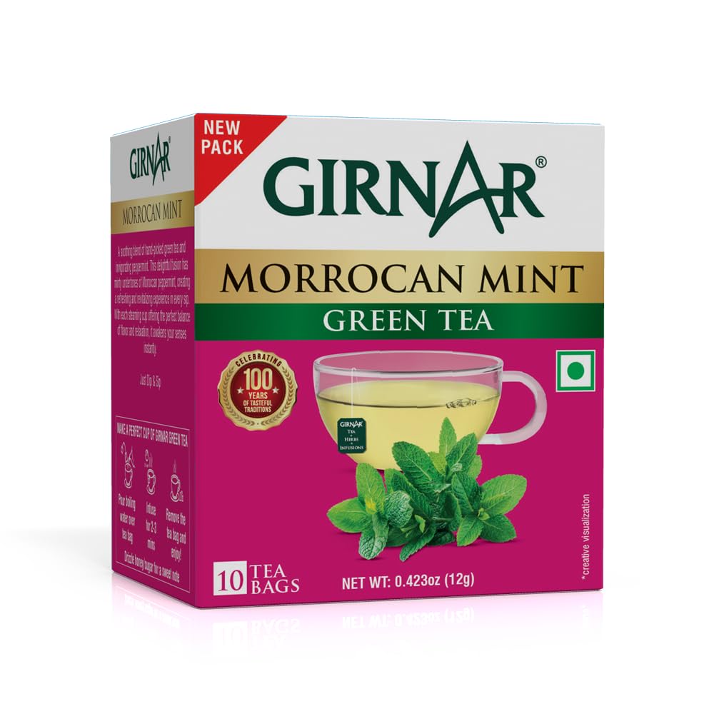 

Girnar Green Tea With Moroccan Mint Tea Bags Caffeine Free Refreshing Herbal Flavor 10 Tea Bags 12 g Vegetarian Pack
