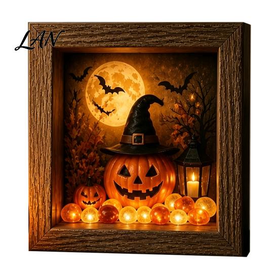 Small Halloween Figures Lighted Frame Ornaments, Light Up Shadow Box, Warm Festive Party Supplies Atmosphere LED Lights for Home Living Room