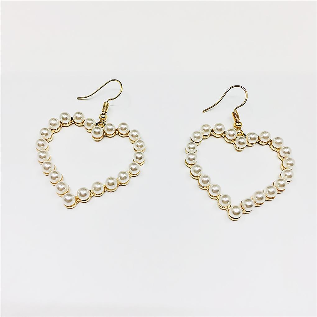 Love Heart Statement Earrings Alloy Faux Pearl Dangle Chain Hook Ear Drop Jewelry Gift for Women