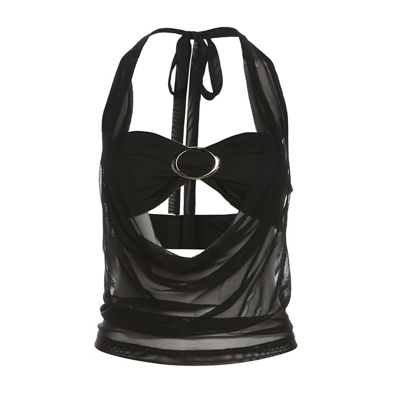 

# Sisjuly# Стиль ночного клуба Сестра Чилл Тюль Сексуальный вырез Слим Легче всего сочетать Холтер Бретельки-спагетти Женский комплект из двух частей Black S