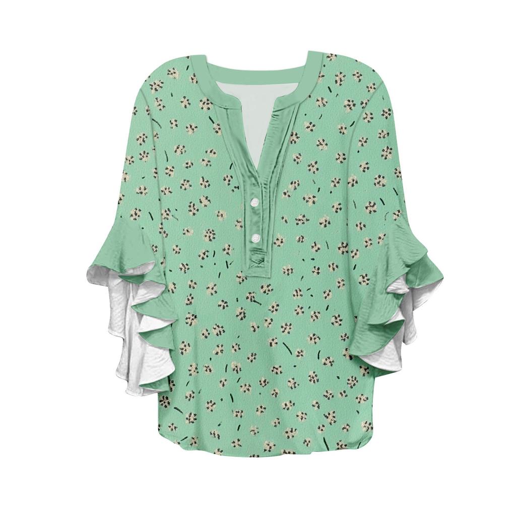 Women's Summer Tops V Neck Three-quarter Sleeves Floral Print Flowing Ruffle Sleeves Half-button Shirt