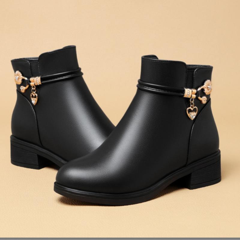 Dames PU-lær chunky hæl flate ankelstøvletter, mamastøvletter med fleecefôr, sklisikre og varme