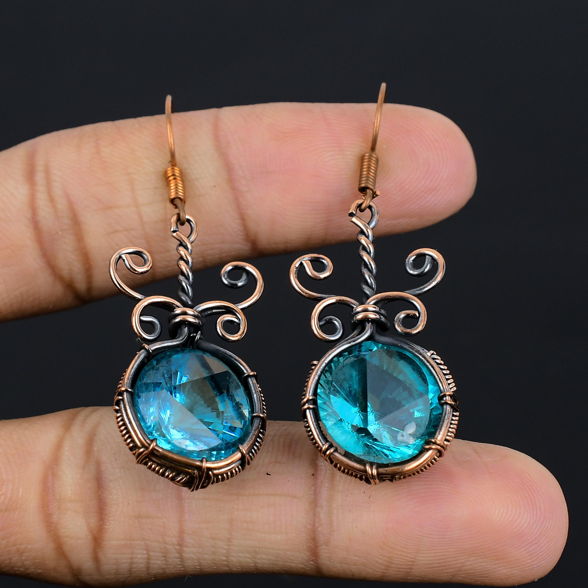 

Серьги с голубым топазом, Ювелирные изделия из драгоценных камней, обернутые медной проволокой 999 пробы, Серьги ручной работы, На День благодарения 2.55 Inches