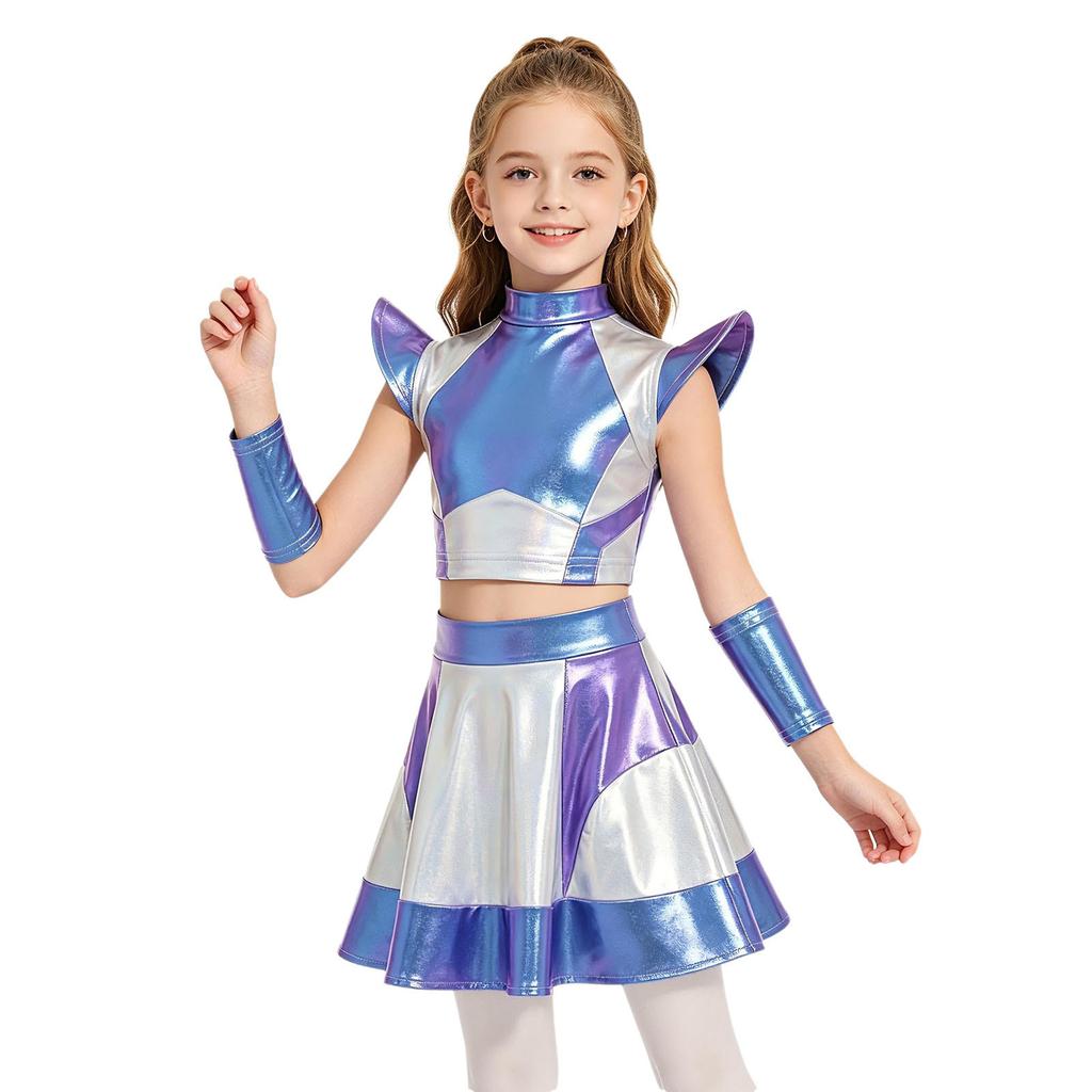 Girls Halloween Alien Cosplay Costume 3 Pieces Cap Sleeve Glossy Metallic Short Top Skirt Oversleeves
