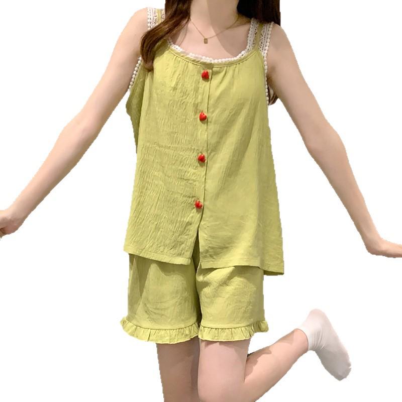 2026 Summer Cloud Cotton Pajama Set with Built-in Bra for Women - Princess Style Camisole & Round Neck Sweet Homewear