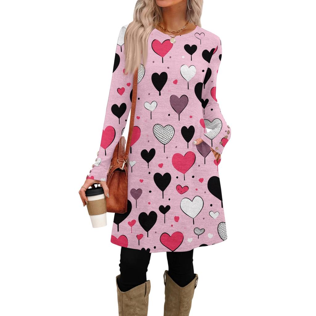 Women's fashion casual pocket decorative button dress round neck long sleeve printed dress