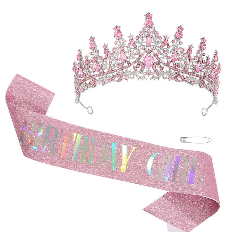 Birthday Queen Pink Crown Strap Set Birthday Queen Crystal Rhinestone Crown Party Accessories
