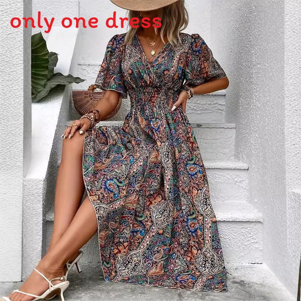 Abito Lungo Floreale Bohemien a Vita Alta per Vacanze e Uso Casual