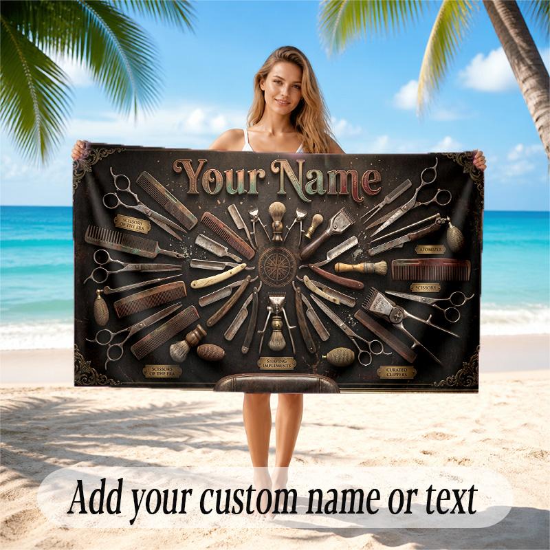 Barber Salon Theme Quick Dry Beach Towel Custom Name Text Print Large Sand Resistant Towel Beach Vacation