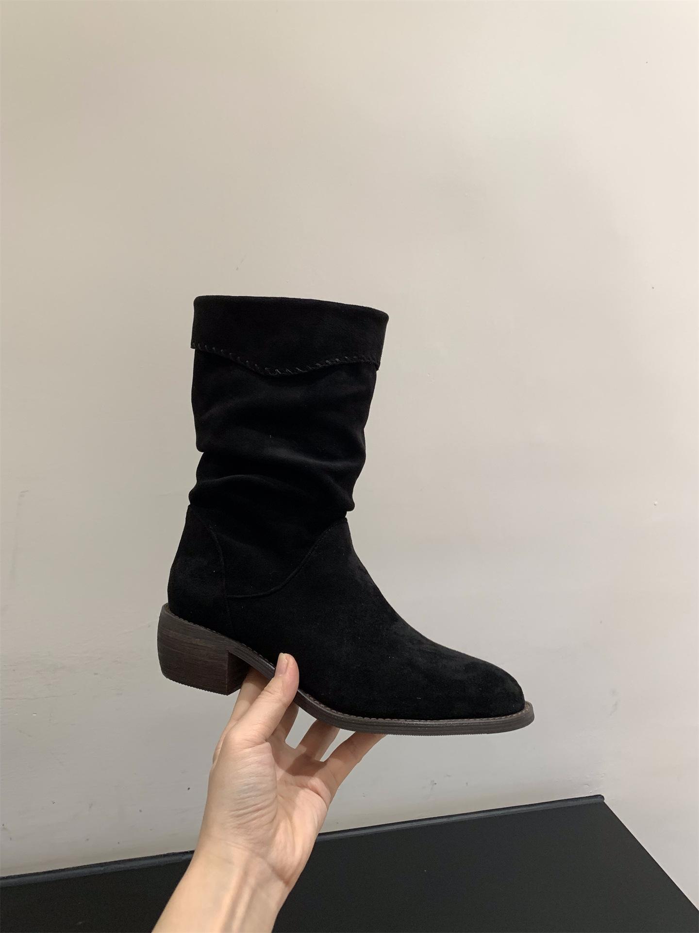 

Coarse Heel Suede Pile Boots Medium Boots Martin Boots Women s Boots 2025 Autumn and Winter Coffee Color Maillard Skinny Boots Short Boots 39