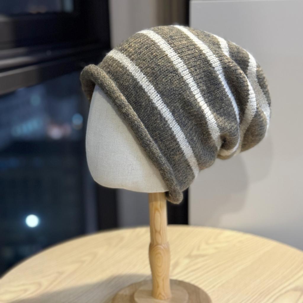 Autumn and Winter Warm Knitted Hat Fashionable Striped Woolen Hat Casual Face Showing Small Big Head Circumference Pullover Hat