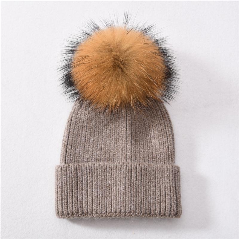 Jaxmonoy Kaschmir-Strickmütze, große Beanie-Mütze mit echtem Waschbärfell und Bommel, hochwertige, warme Mütze, Damenmütze
