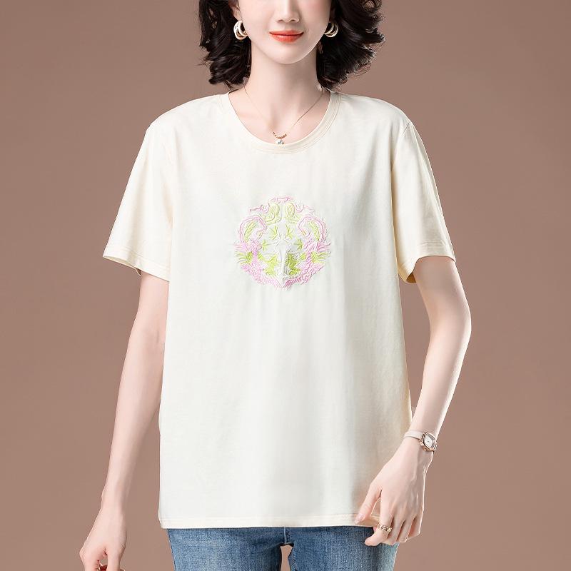 Damen Übergröße Baumwoll-T-Shirt mit Stickerei - Kurzarm, lockere Passform für den Sommer