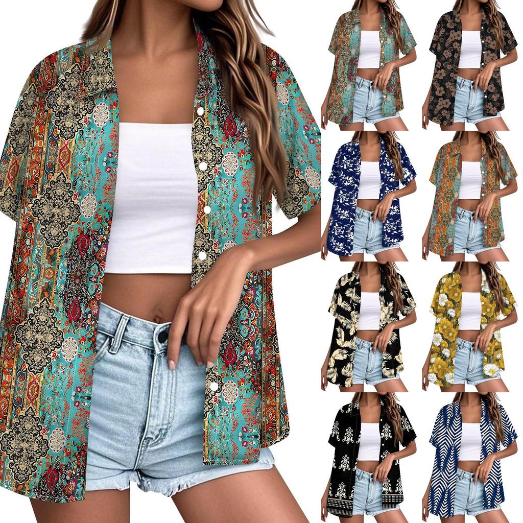 Women's Casual Short Sleeve Button Down Shirt Hawaiian Print Open Front Collar Blouse Lightweight Summer Top