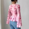 Women's Mesh Red Rose Print V-neck Top Bell Sleeves Bow Tie Waist Short Women's Clothing