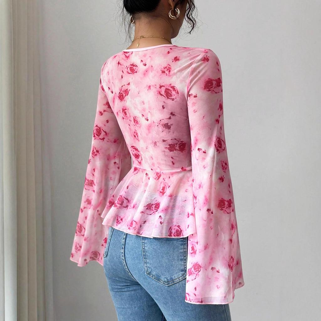 Women's Mesh Red Rose Print V-neck Top Bell Sleeves Bow Tie Waist Short Women's Clothing