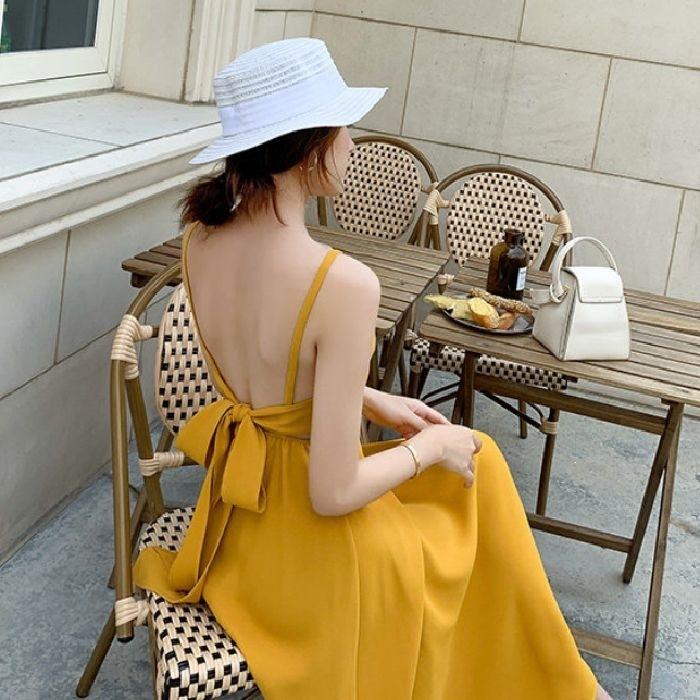 Beach dress photo beautiful seaside travel vacation sexy backless dress slim V-neck suspender dress super fairy