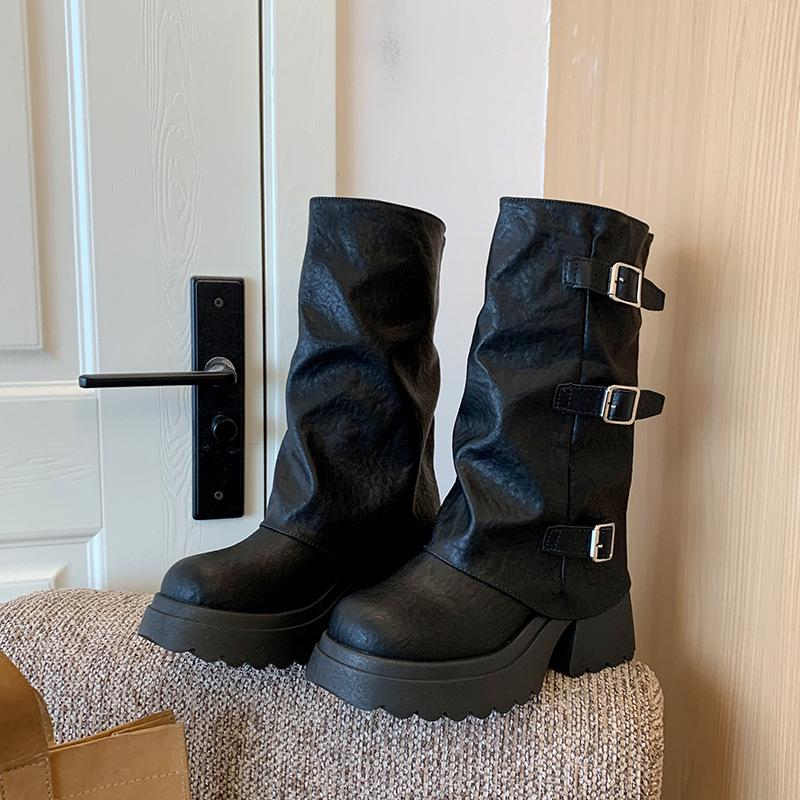 

Pants boots women s platform belt buckle medium boots 2025 autumn new boots thick heel British style thin knight boots 40 чёрный