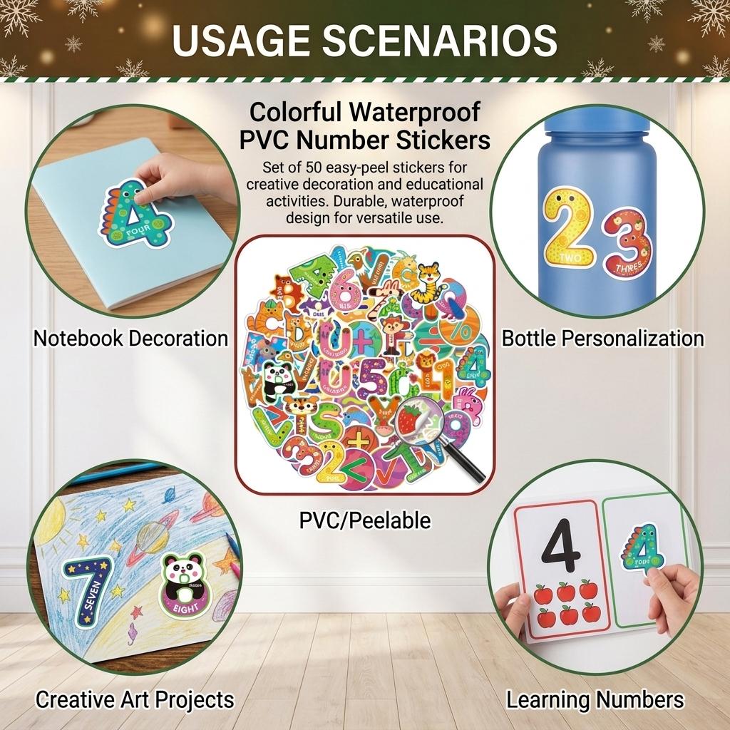 50Pcs Waterproof Cartoon Number Stickers for Kids Creative Graffiti Decoration PVC Material Easy Peel