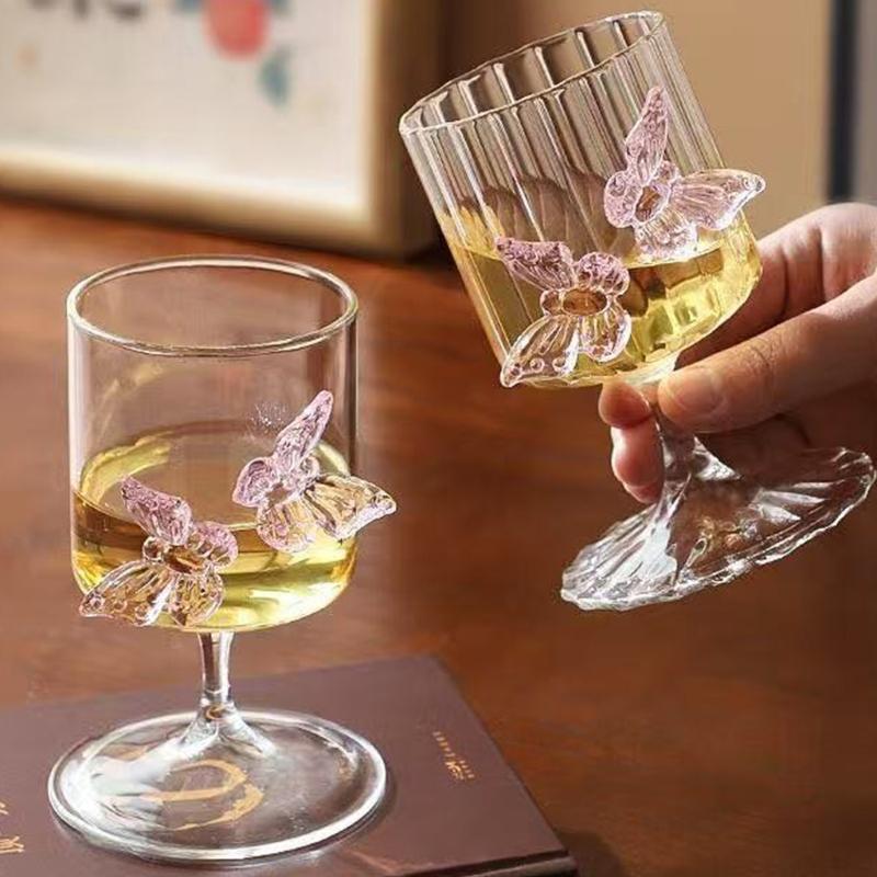 Premium 250Ml Pink Butterfly Engraved Highballs Glass Easy Cleaning Beverage Container Ideal For Gift And Decors