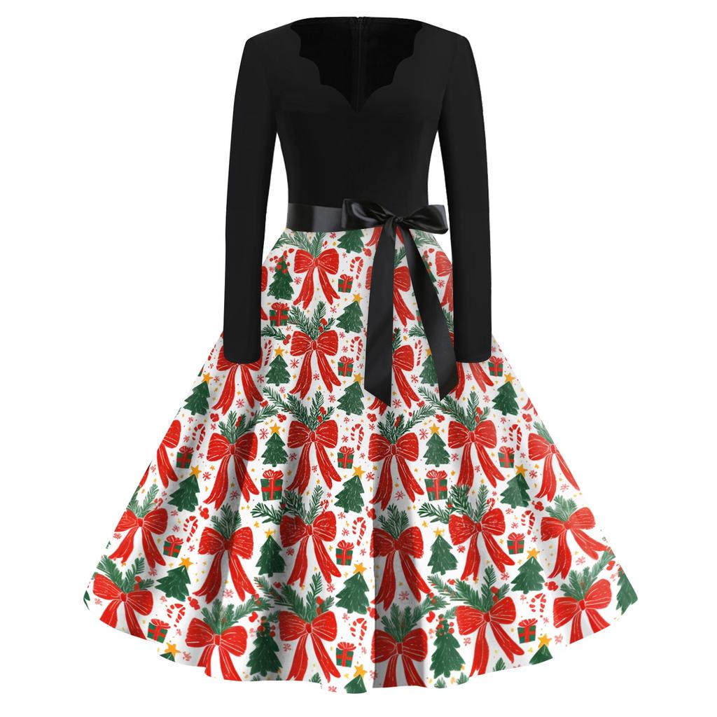 Women's Casual Christmas Print V-Neck Vintage Dress for Holiday Parties and Everyday Wear