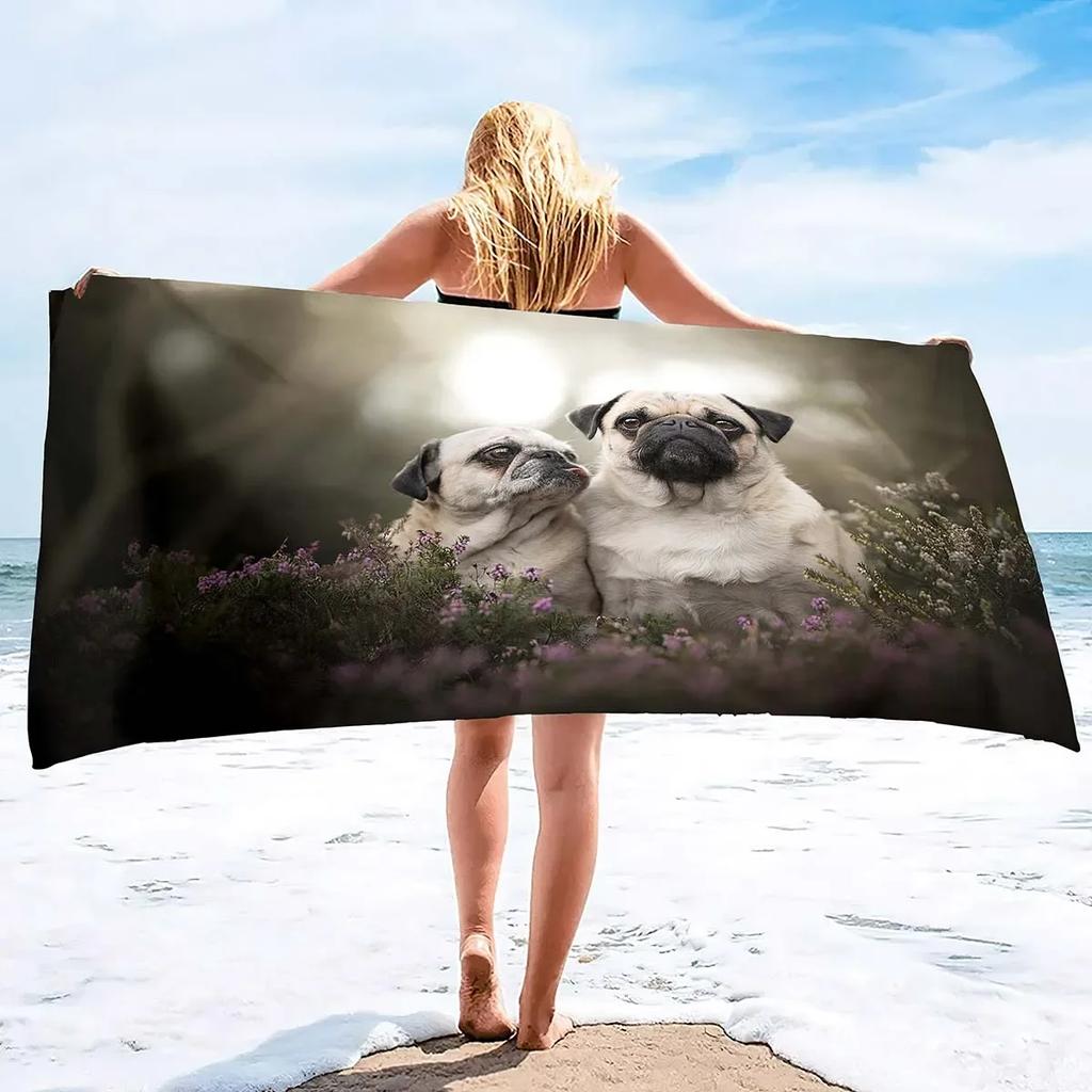 Microfiber Lightweight Thin Beach Towels for Adult and Kid Compact Personalized Sand Free Swim Pool Blanket Pug-dog puppy Print
