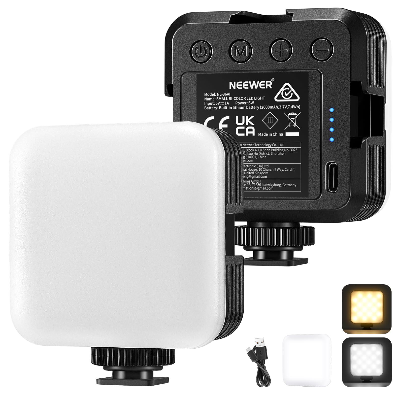 

NEEWER NL-36AI LED Video Light Dual Color Temperature Dimmable 3200K-5600K CRI97+ Portable Lightweight Camera Soft Light Rechargeable 2000mAh 8 Scene