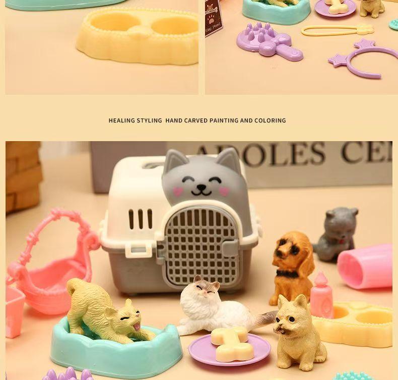 Mini-Tierkatze-Hund-Figur Spielset, Rollenspiel-Tierpflege-Spielzeugset mit Käfig-Futterzubehör für Kinder