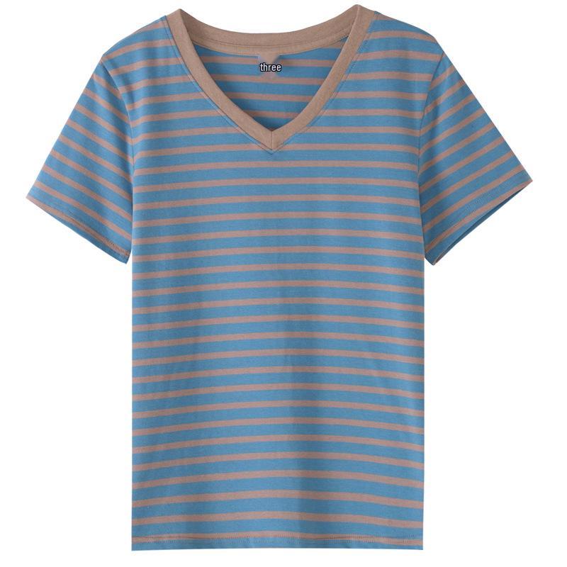 Striped Color Block V-Neck Retro Short Sleeve Women's Stylish Summer Top - New Arrival 