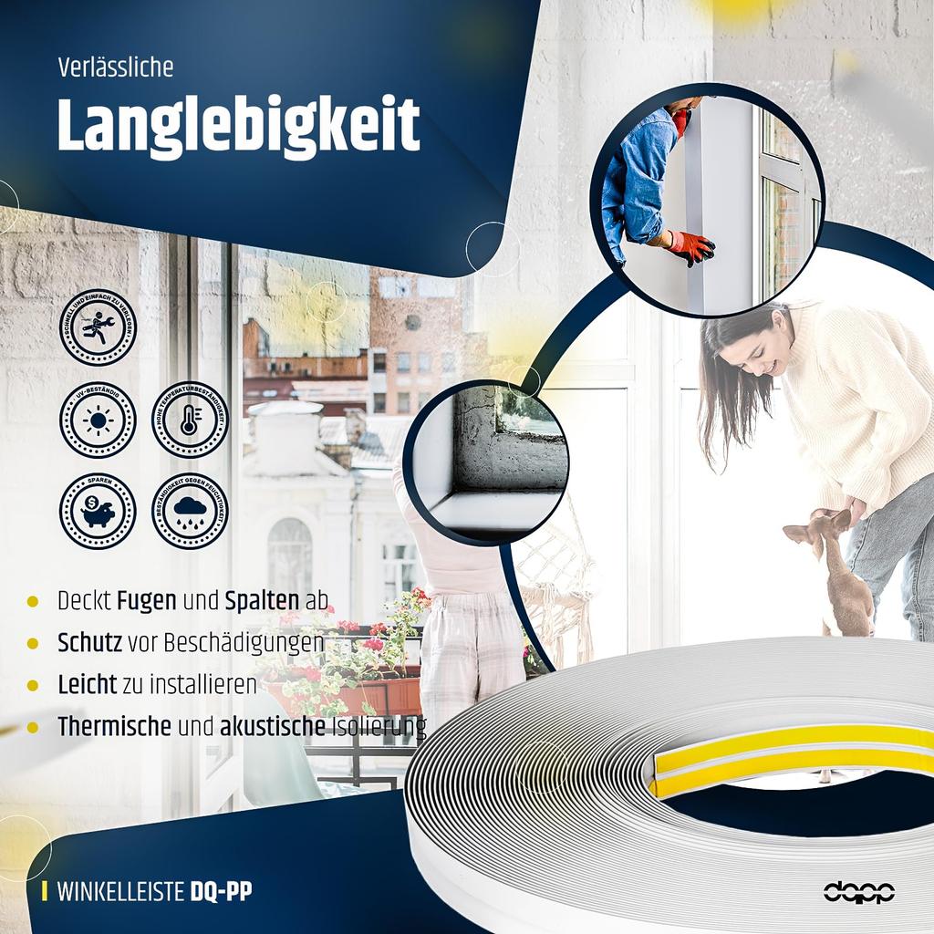 DQ-PP WINKELLEISTE - 150m Länge - 25x25mm - 1.5mm Stärke - Weiss - Fensterleisten Knickwinkel Eckleiste Abschlussleisten selbstklebend