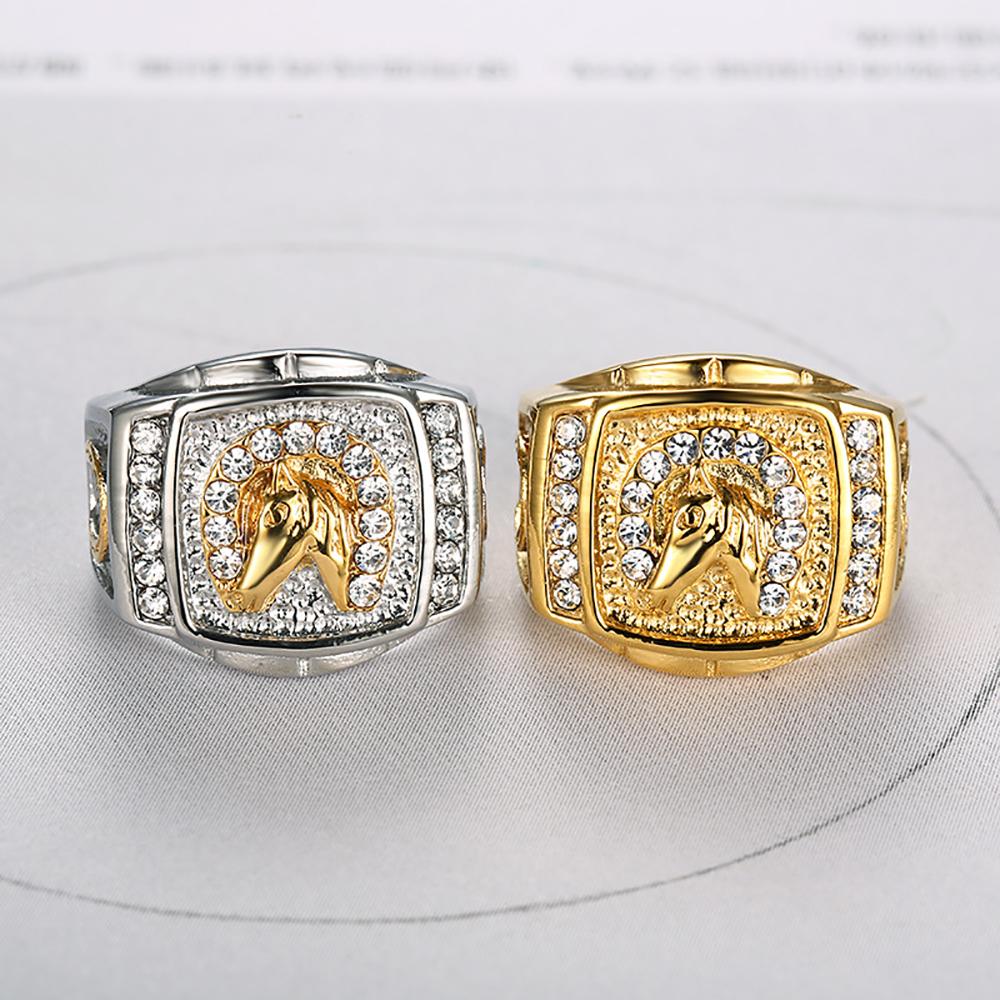 Fashion Punk Golden Color Animal Horse Head Rings for Men 316L Stainless Steel Big Rapper Ring Biker Band Hip Hop Party Jewelry