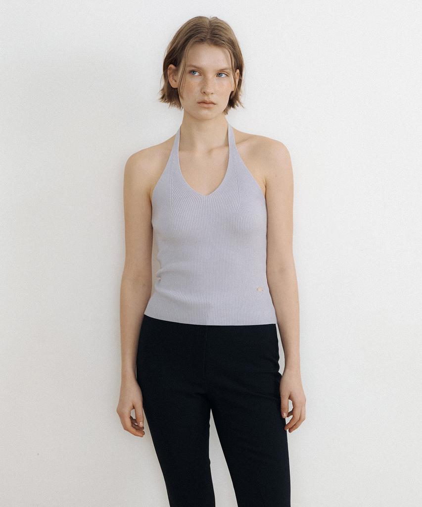 LUCIR ZU Airy Halter Knit Top (Gray)
