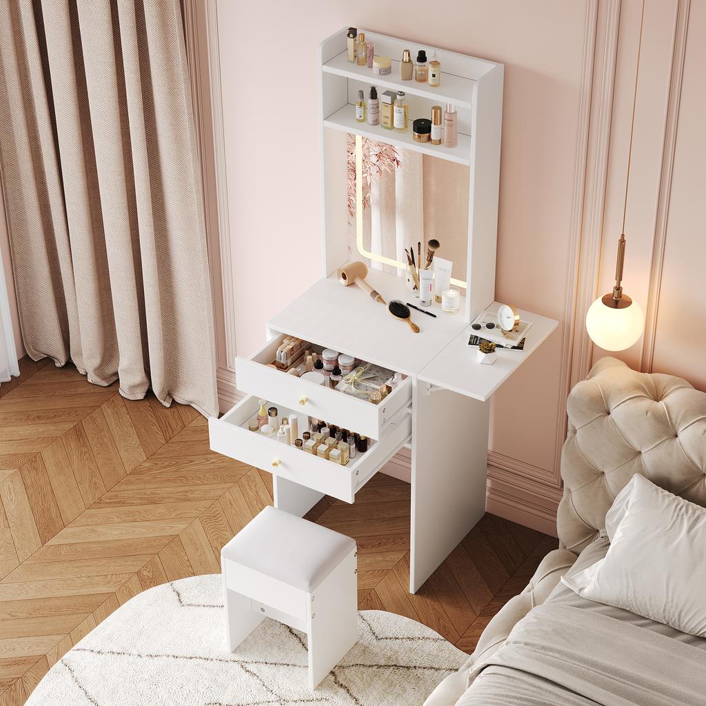 Small vanity table with adjustable LED lighting, incl. 1 stool, 2 drawers, two open compartments with 25cm foldable table top, White, 75x156x45 cm