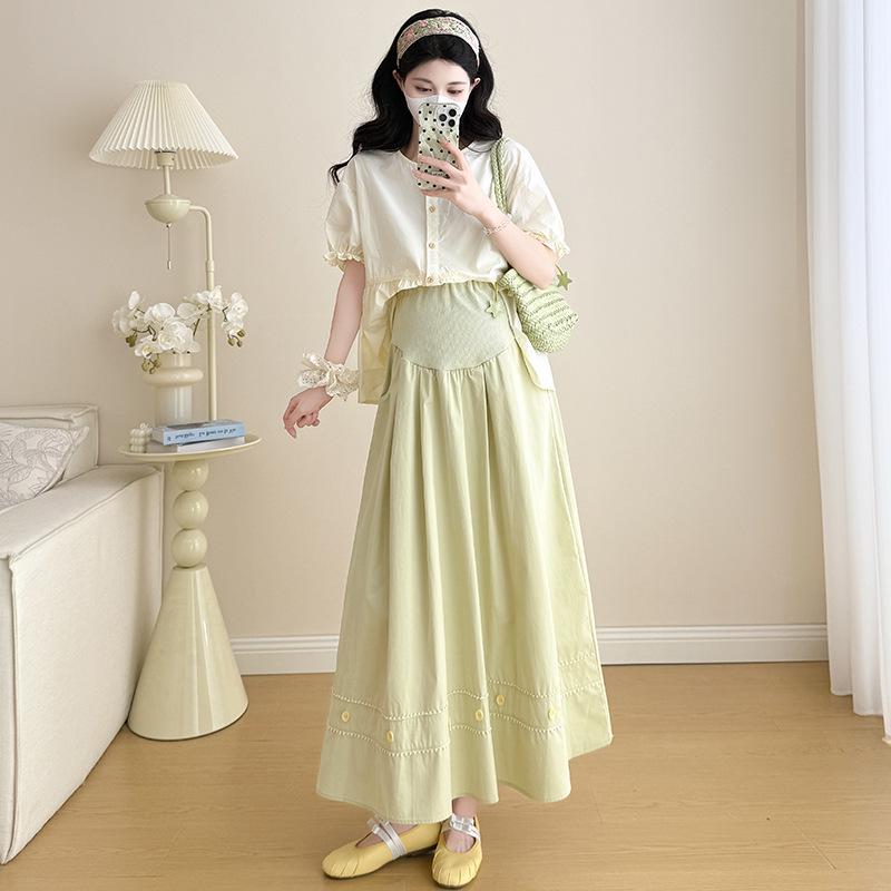 2026 Stylish & Chic Apricot Doll Blouse with Round Neck + Fresh Green Midi Skirt