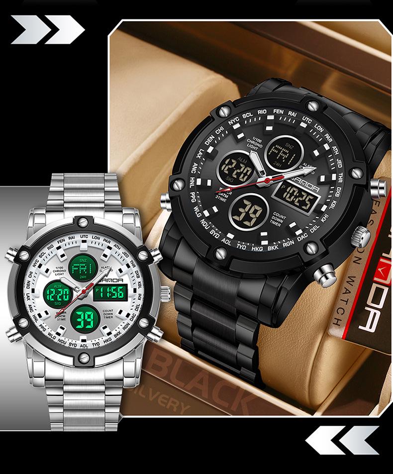 Sanda Dual Movement 5ATM Waterproof Multifunctional Steel Band Men's Watch with Alarm Clock