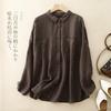 Femmes Coton Lin Revers Manches Longues Cardigan Blouse Féminine Printemps et Automne Tempérament Ample Grandes Tailles Chemise Décontractée