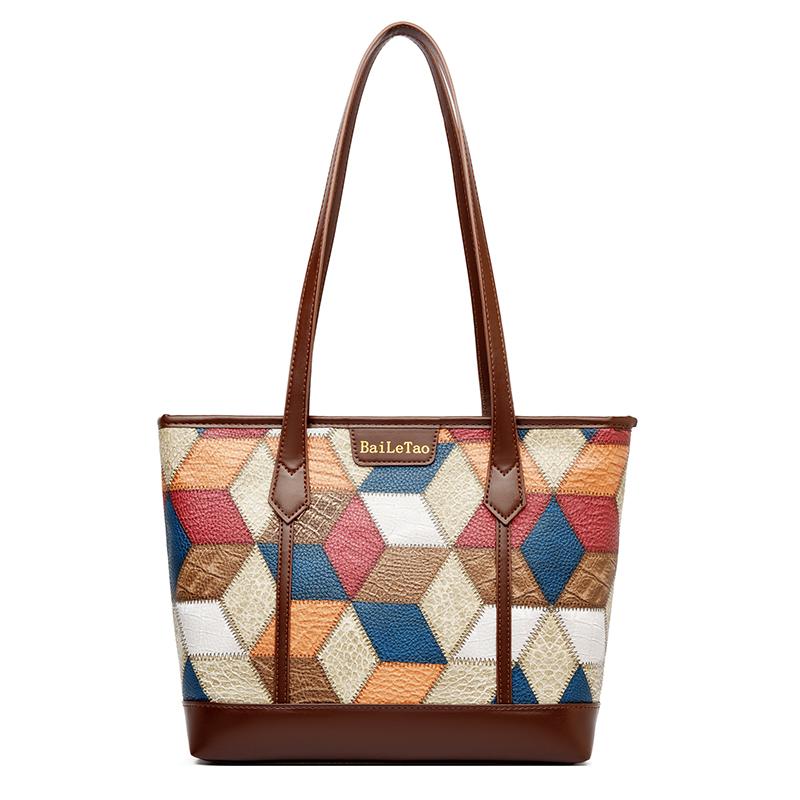 

Soft Leather Large Caapacity Tote Bag Women s Color Block Shoulder Bag Print Handbag