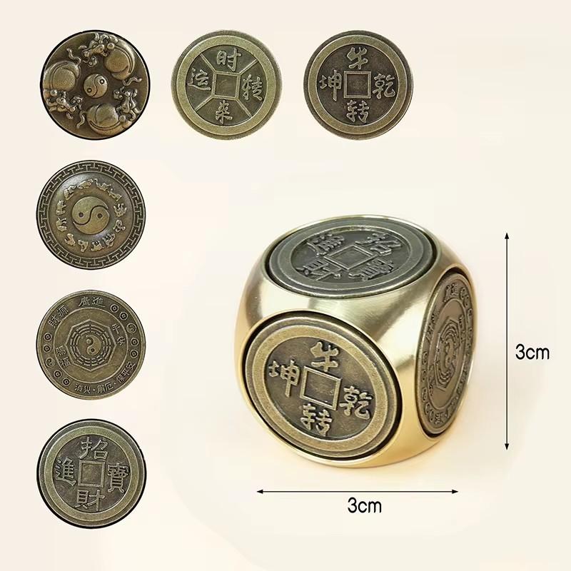 Moeda Giratória da Sorte de Seis Faces em Latão, Brinquedo Fidget, Ferramenta Sensorial para Foco e Alívio do Estresse, Presente de Fortuna Feng Shui para Adultos