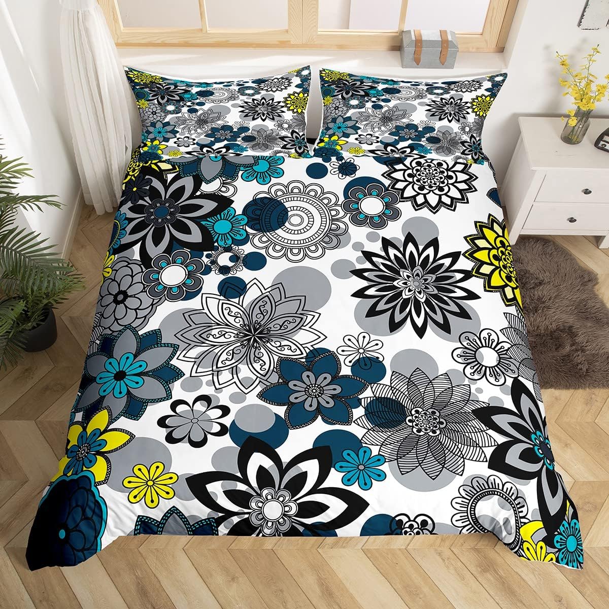

70s Retro Hippie Bedding Set Groovy Flower Comforter Cover Full Queen for Adult Teen Boho Vintage Psychedelic Floral Duvet Cover EU Single(135*200cm)3pcs