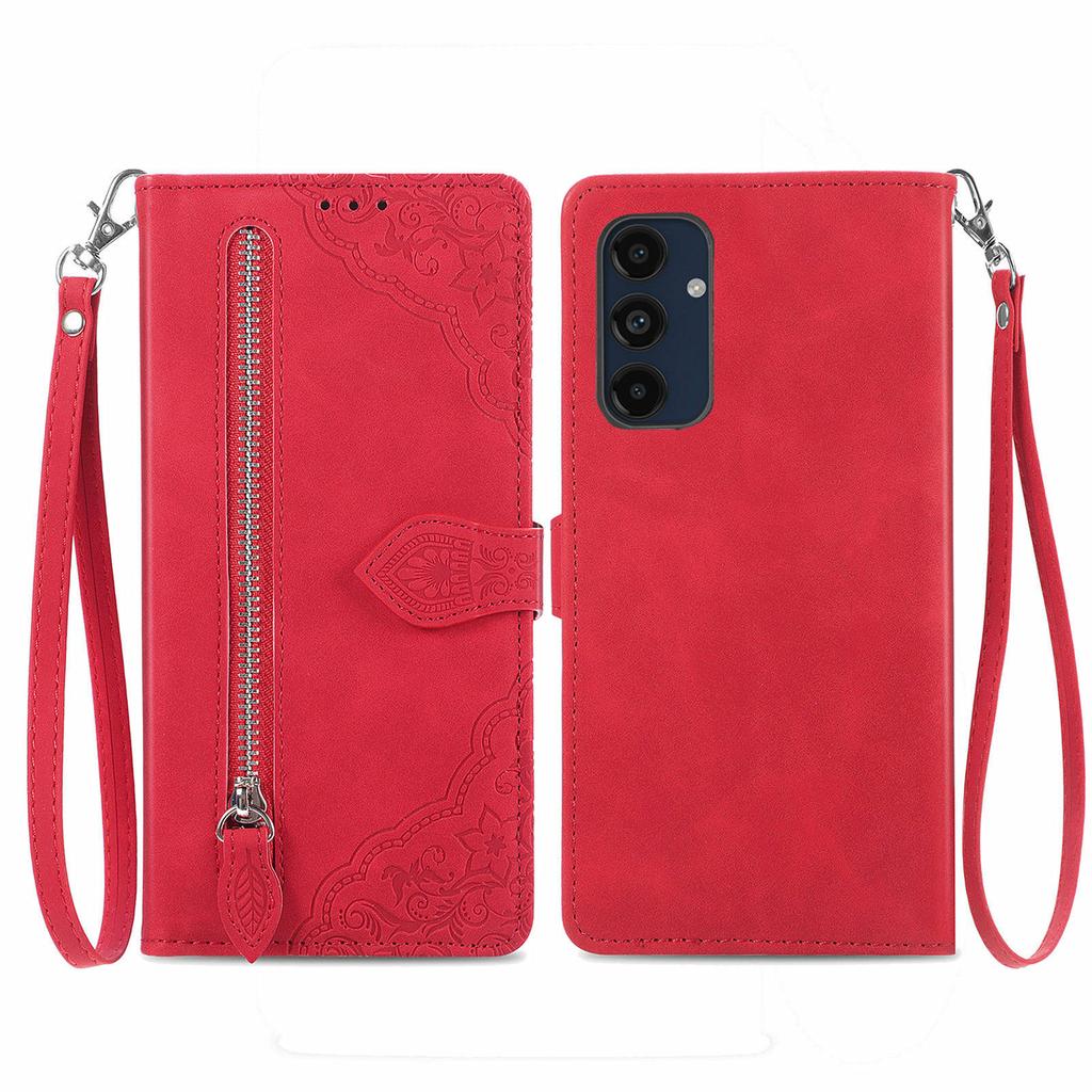 For Samsung Galaxy A16 5G/A16 4G Zipper Wallet Case with Strap Flower Imprint PU Leather Phone Cover
