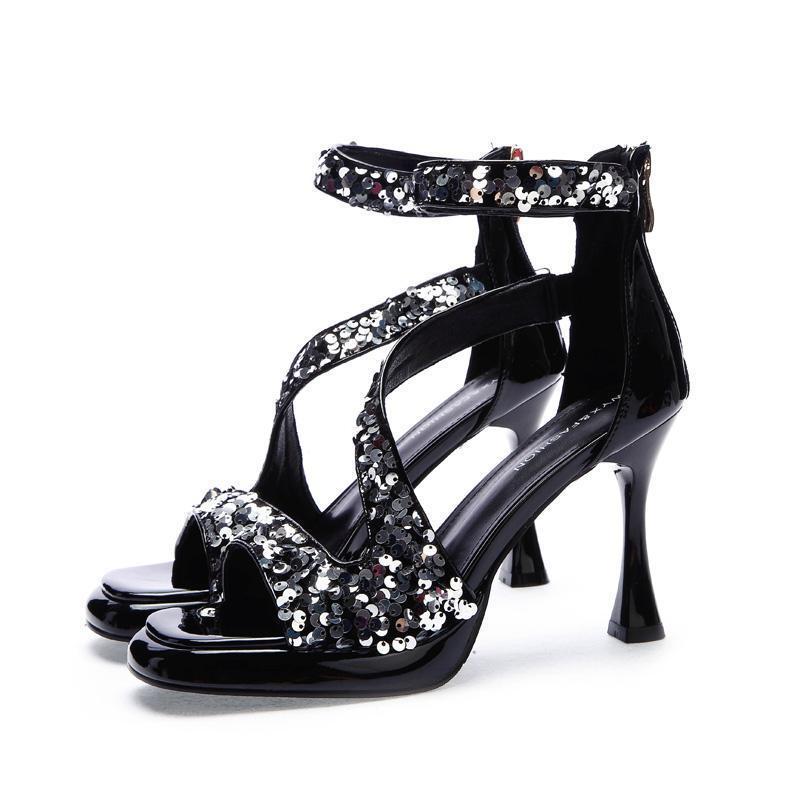 Summer 2025 new waterproof table open-toed high heels women's sequined banquet dress stiletto non-slip sandals with skirt