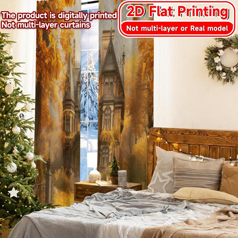 2 Stück, 2D-FLACHDRUCK Vorhänge (Ohne Stange) Herbstliches Herrenhaus Festival Kreative Vorhänge Vielseitige Langlebige Polyestervorhänge Zuhause