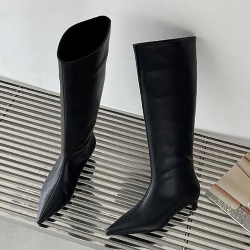 Women's Knee-high Boots Temperament Pointed Leather Boots Quality Soft Leather Slim Long Boots Fashion Designer High Heeled Boot
