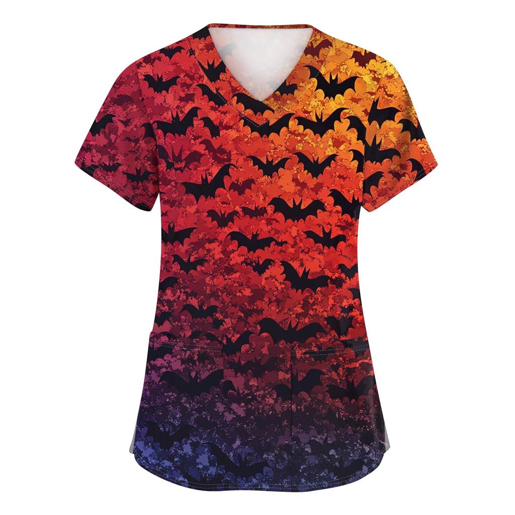 Women's Fashion V-neck Short-sleeved Work Uniform With Pockets, Halloween Print Top