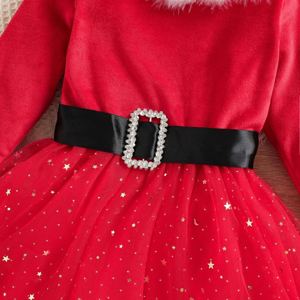 Kids Girls Mesh Velvet Patchwork Christmas Dress Santa Claus Costume Baby Dress Up Party Dress Outfits