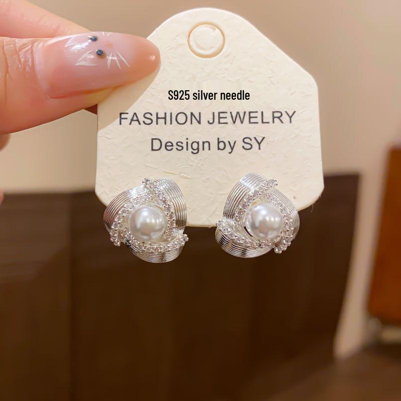 Silver Triangle Swirl Stud Earrings with Zircon and Pearl – French Retro, Luxurious Versatile Design