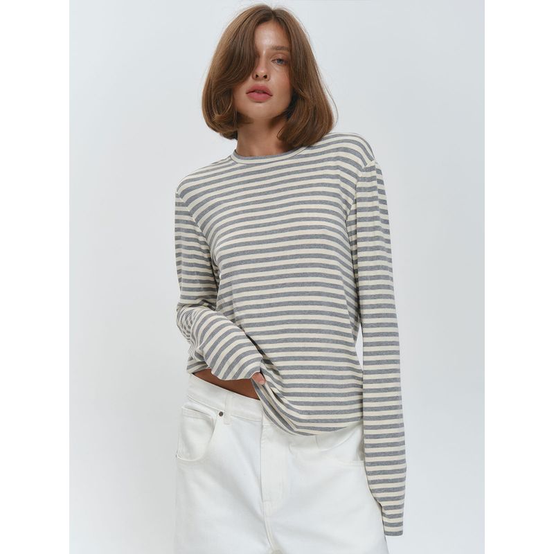 European and American New Fashion Casual Loose round Neck Stripe Long sleeves Shirt Top Long Sleeved T-shirt